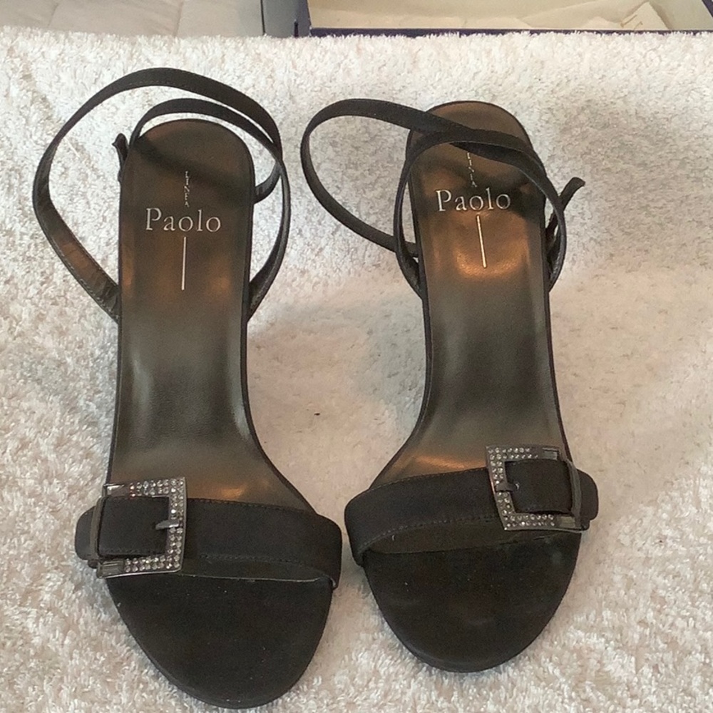 Paolo Black Wedge Sandals with Rhinestone Buckle - Picture 2 of 6